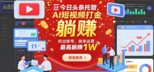 今日头条托管，AI短视频打金，你出账号，我来运营，最高躺賺1W【揭秘】