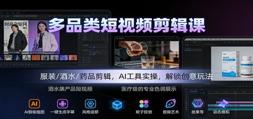 多品类短视频剪辑课:服装/酒水/药品剪辑,AI工具实操,解锁创意玩法