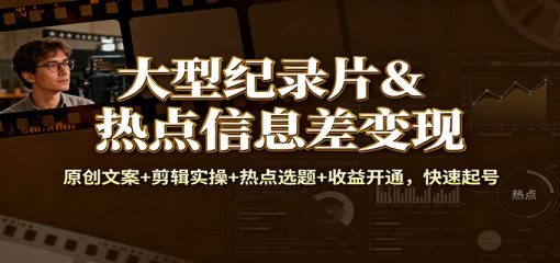 大型纪录片&热点信息差变现：原创文案+剪辑实操+热点选题+收益开通，快速起号