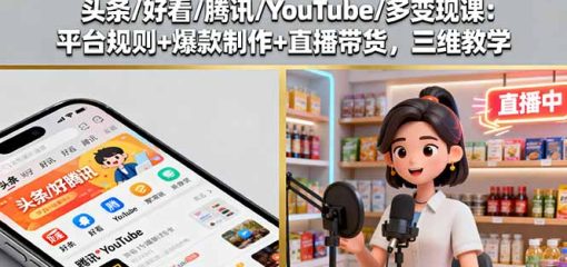 头条/好看/腾讯/YouTube/多变现课：平台规则+爆款制作+直播带货，三维教学