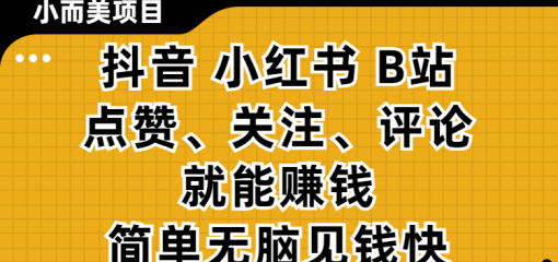 小而美的项目，抖音、小红书、B站视频点赞、关注、评论就能赚钱，简单无脑立见收益！妥妥的零撸项目