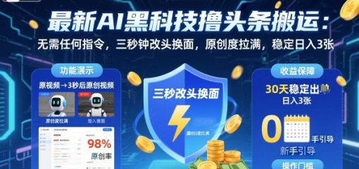 最新AI黑科技撸头条搬运，无需任何指令，三秒钟给你改头换面，原创度直接拉满，稳定日入3张【揭秘】