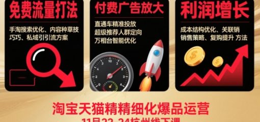 淘宝天猫精细化爆品运营11月22-24杭州线下课，免费流量打法+付费广告放大+利润增长(音频+文档)