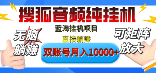 [躺赚的项目]【搜狐音频挂机】独家脚本技术，项目红利期，可矩阵可放大，稳定月入8000+,纯挂机躺赚